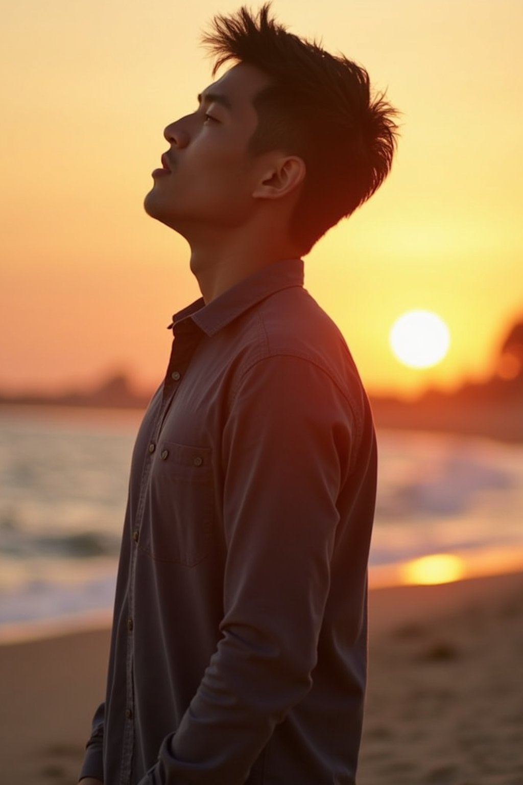 masculine  man enjoying a sunset at a beach or park