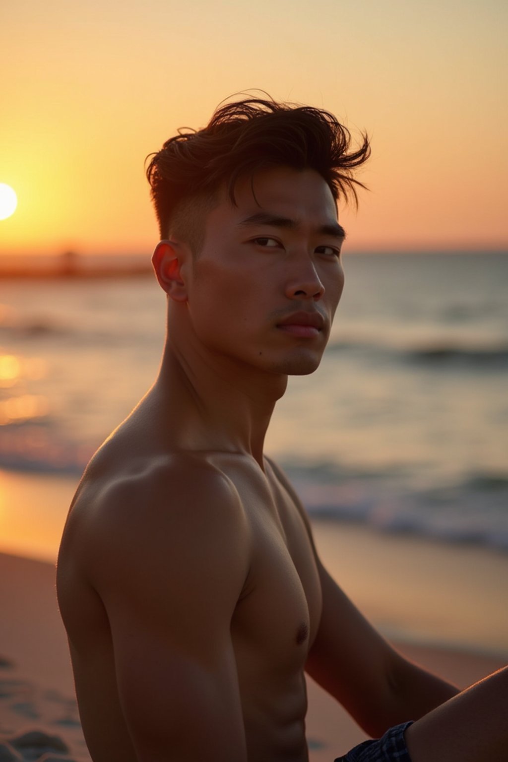 masculine  man enjoying a sunset at a beach or park