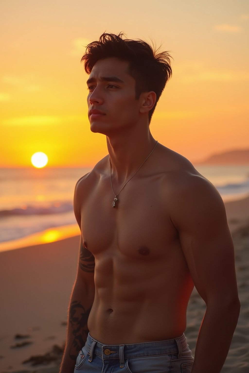 masculine  man enjoying a sunset at a beach or park