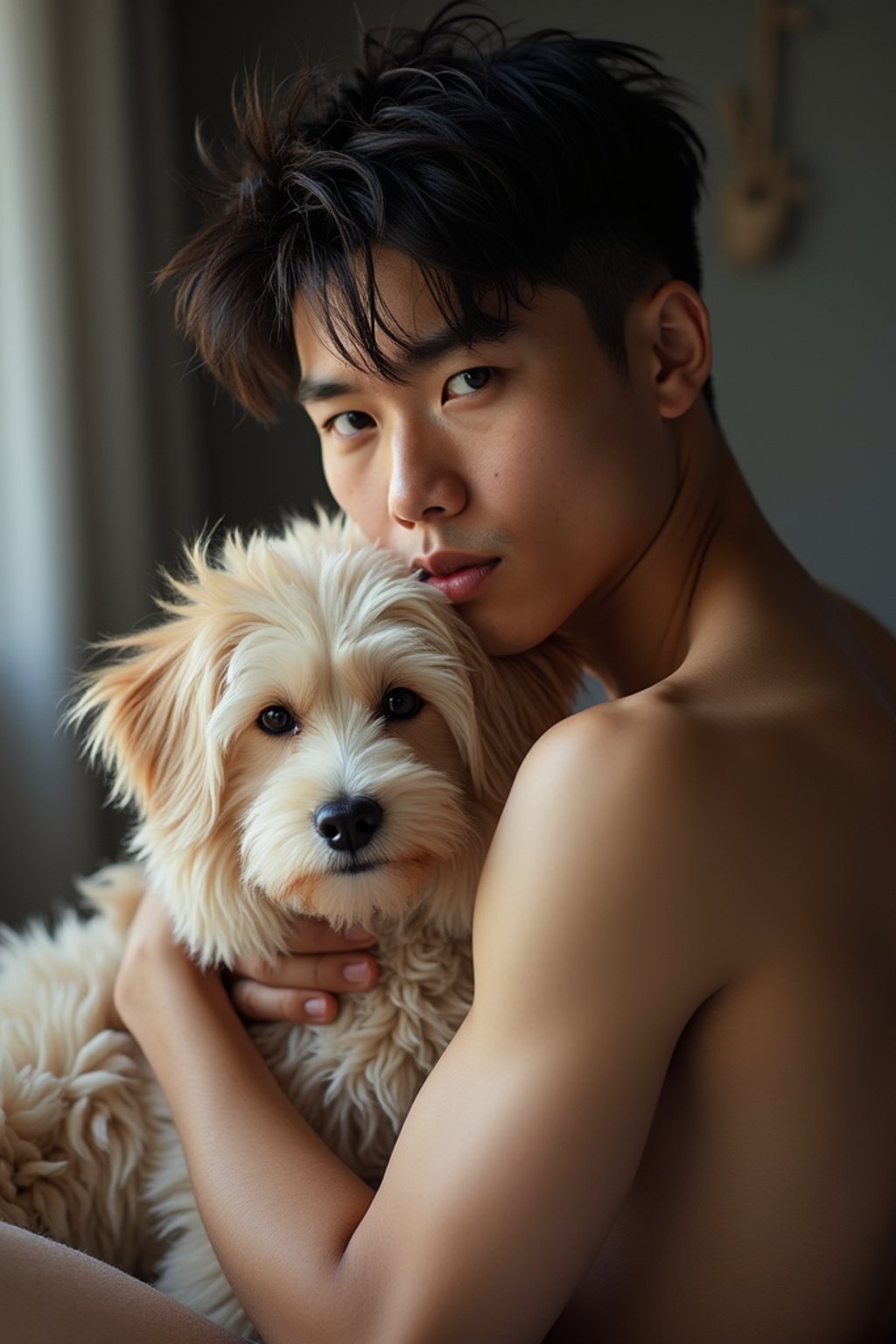 masculine  man posing with a cute pet