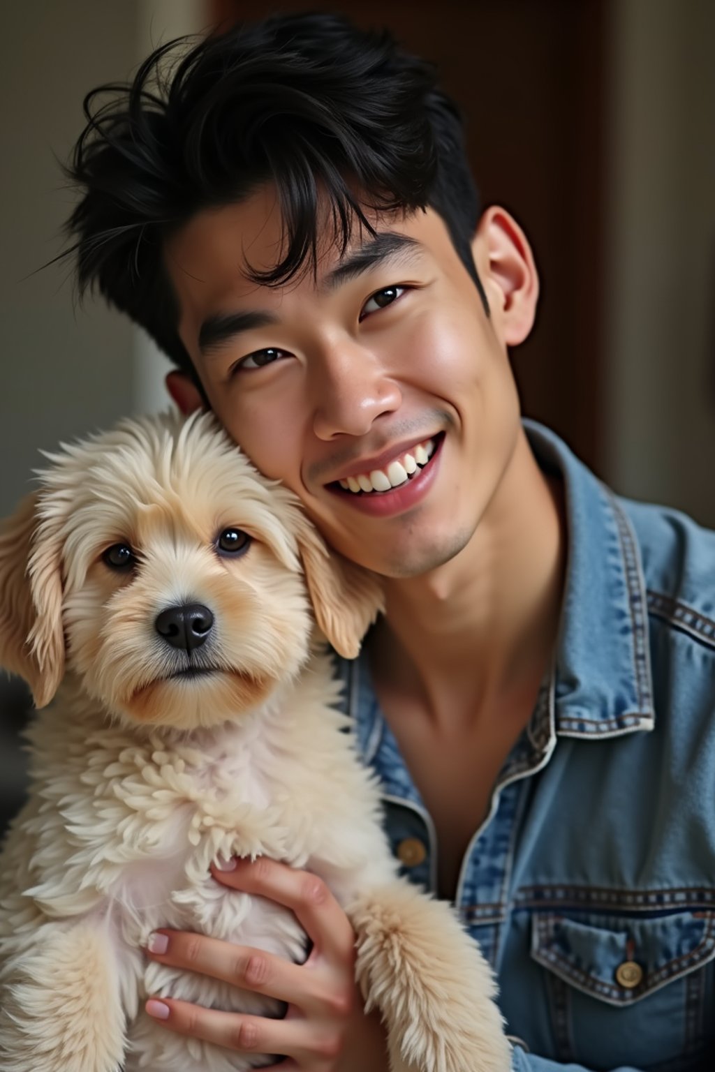 masculine  man posing with a cute pet