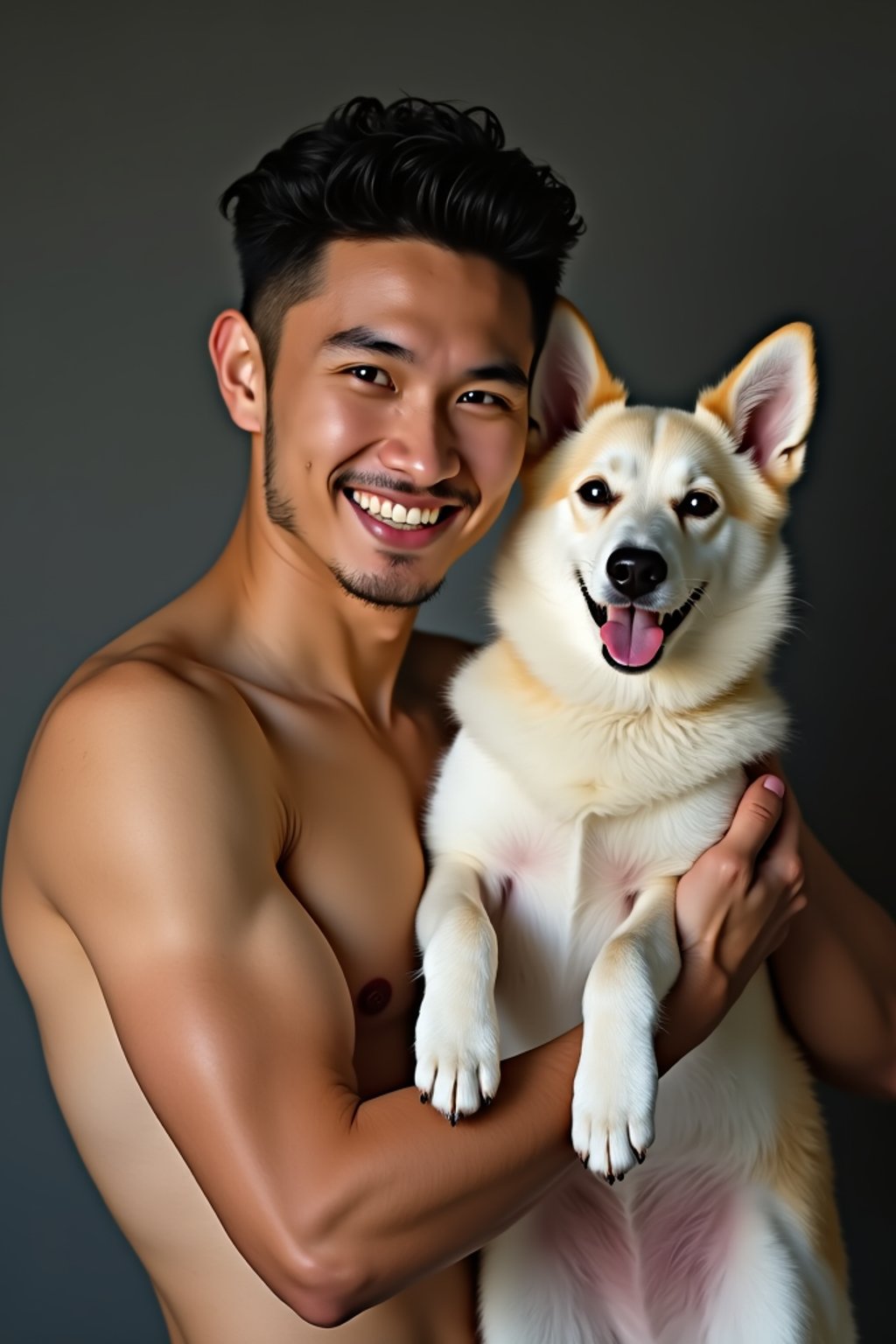 masculine  man posing with a cute pet