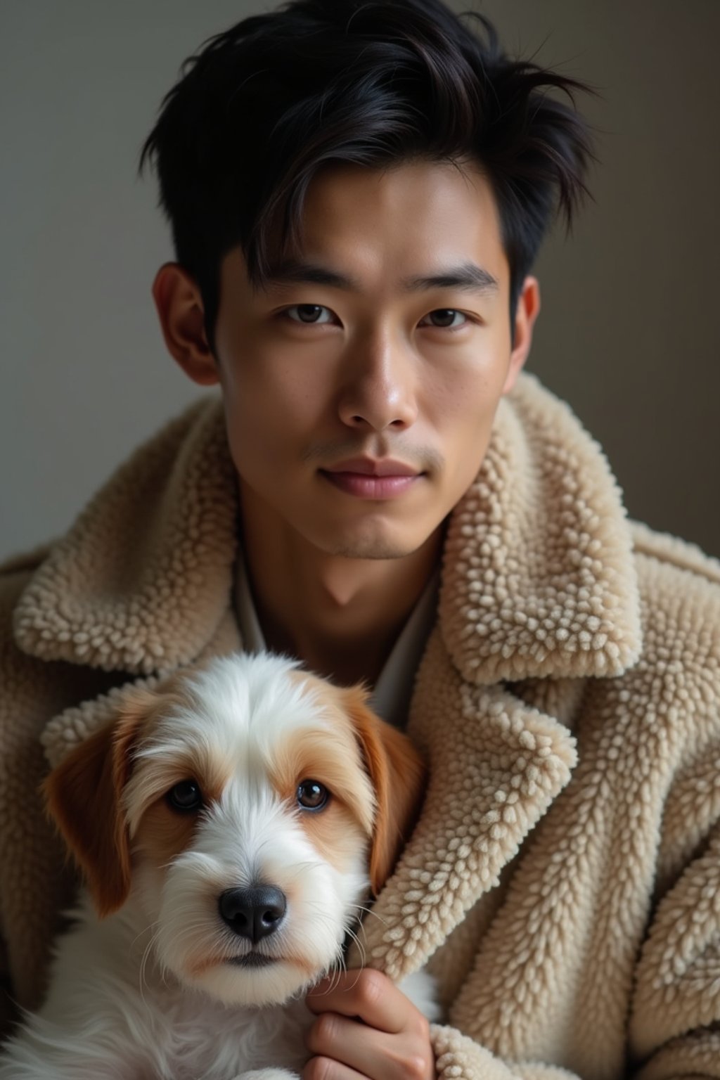 masculine  man posing with a cute pet