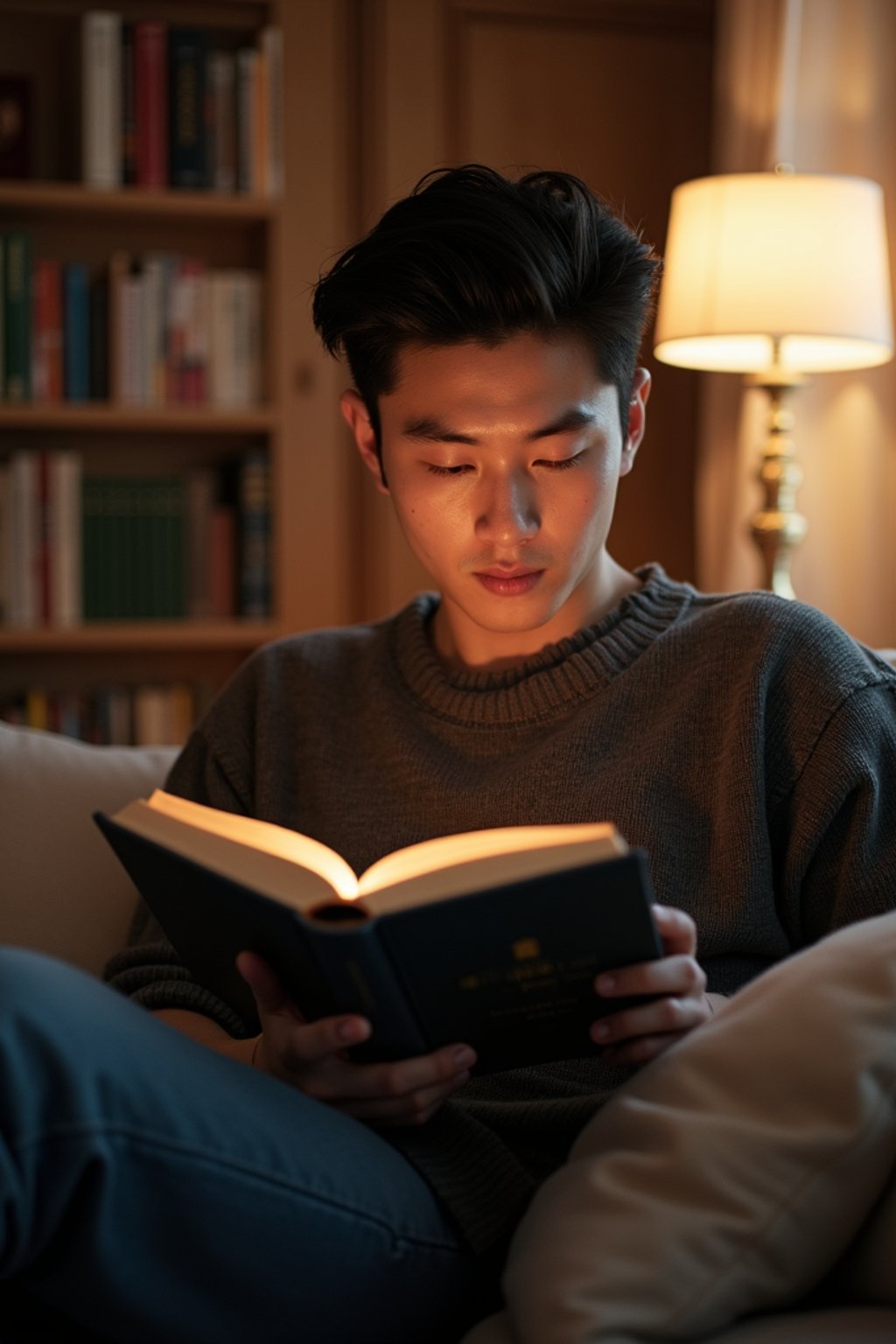 masculine  man reading a book in a cozy home environment