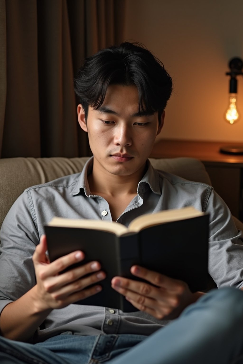 masculine  man reading a book in a cozy home environment