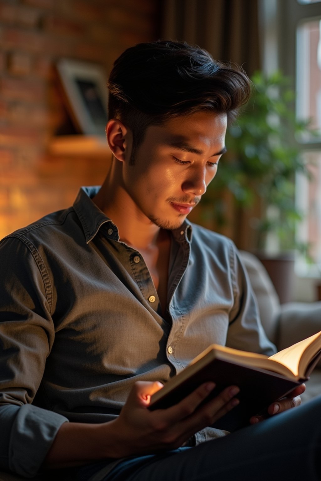 masculine  man reading a book in a cozy home environment