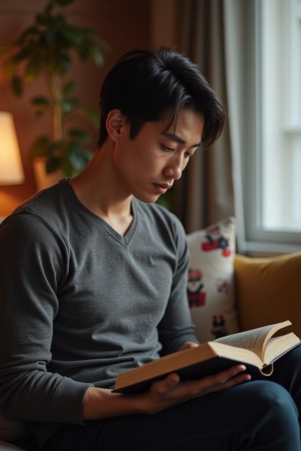 masculine  man reading a book in a cozy home environment