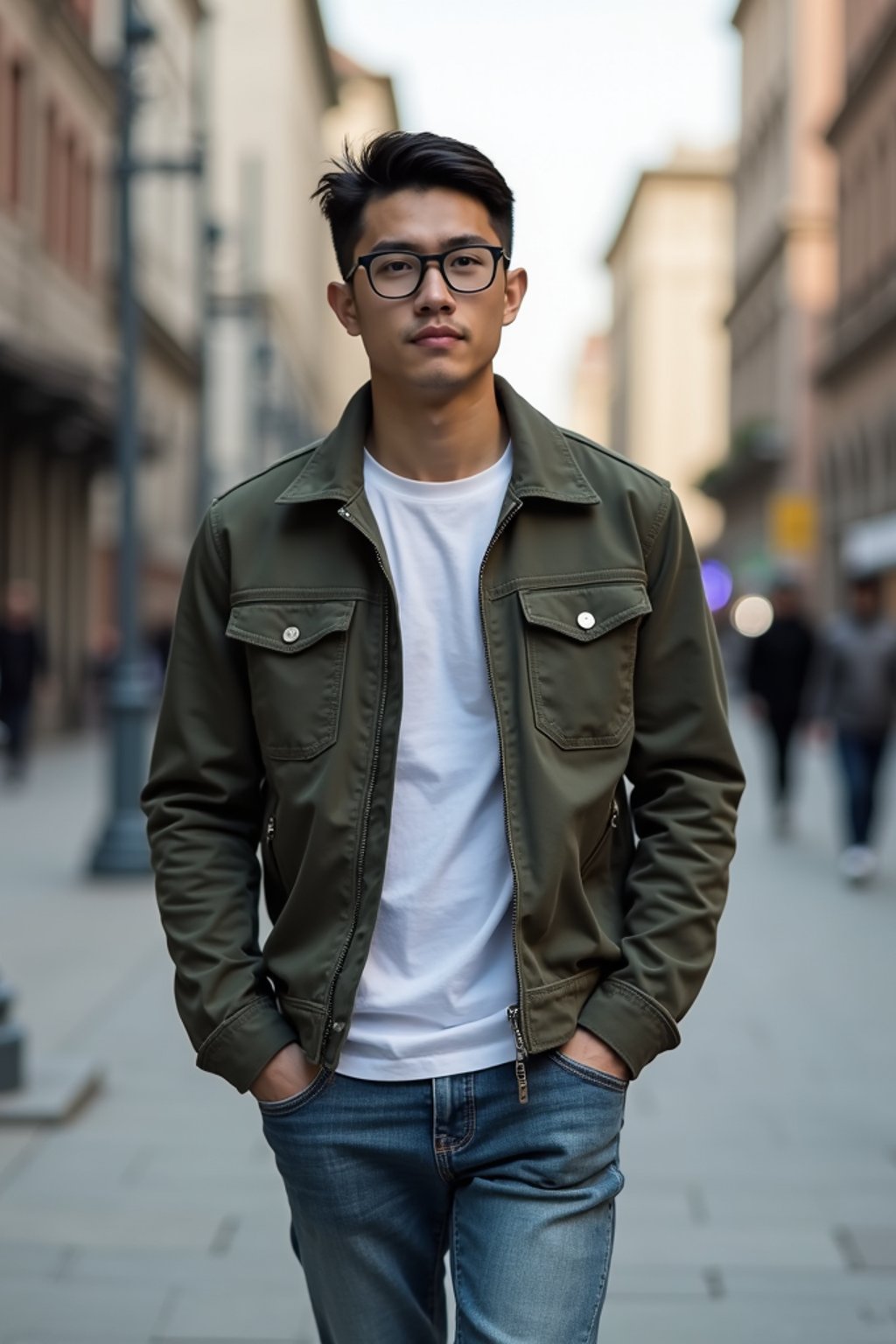 masculine  man taking a casual stroll through a cityscape