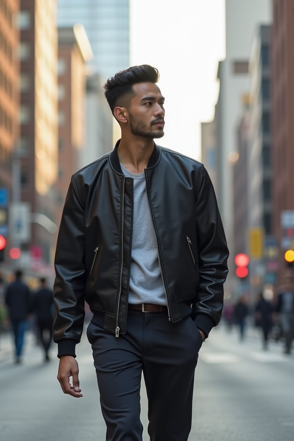 masculine  man taking a casual stroll through a cityscape