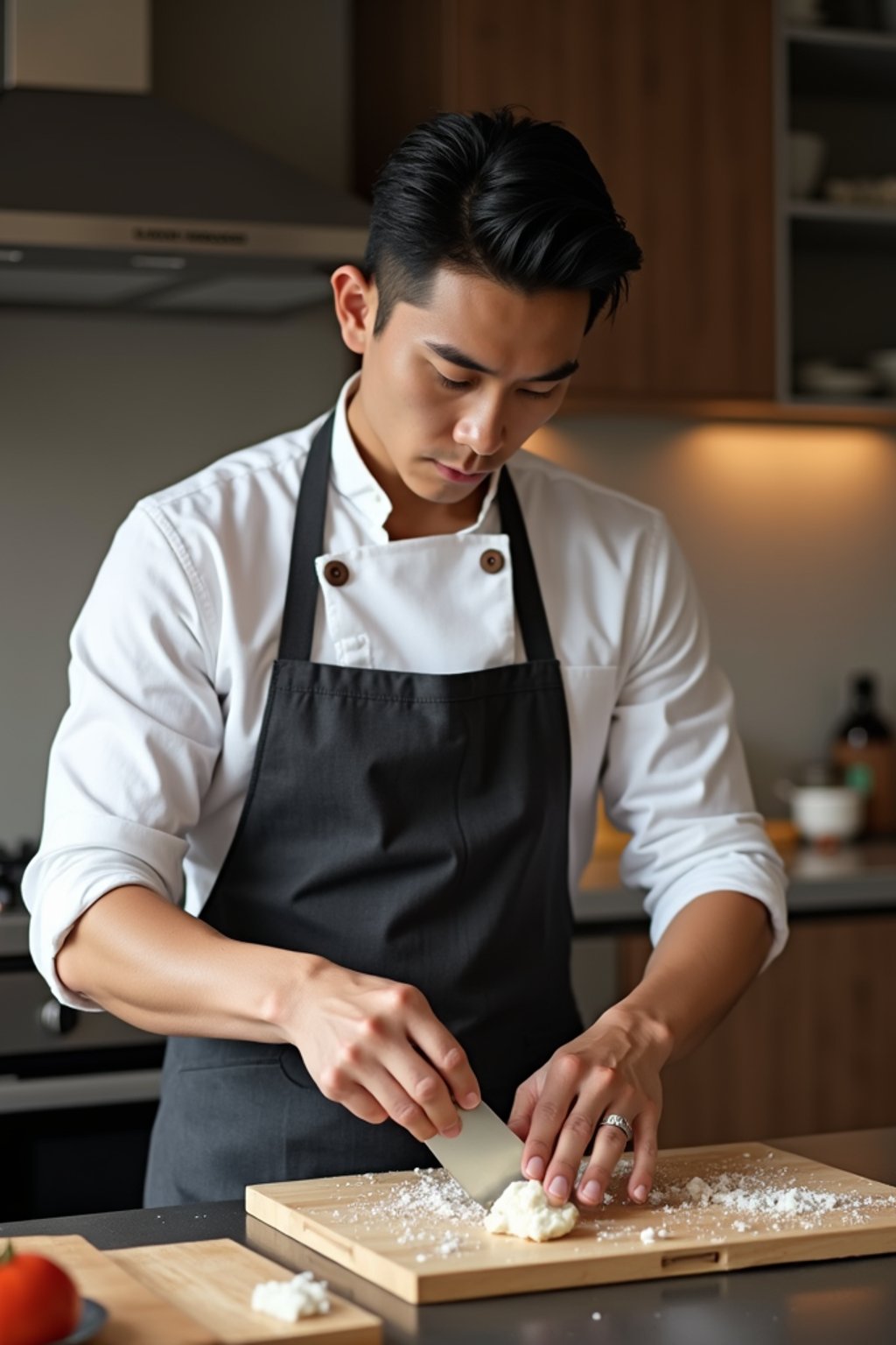 masculine  man cooking or baking in a modern kitchen