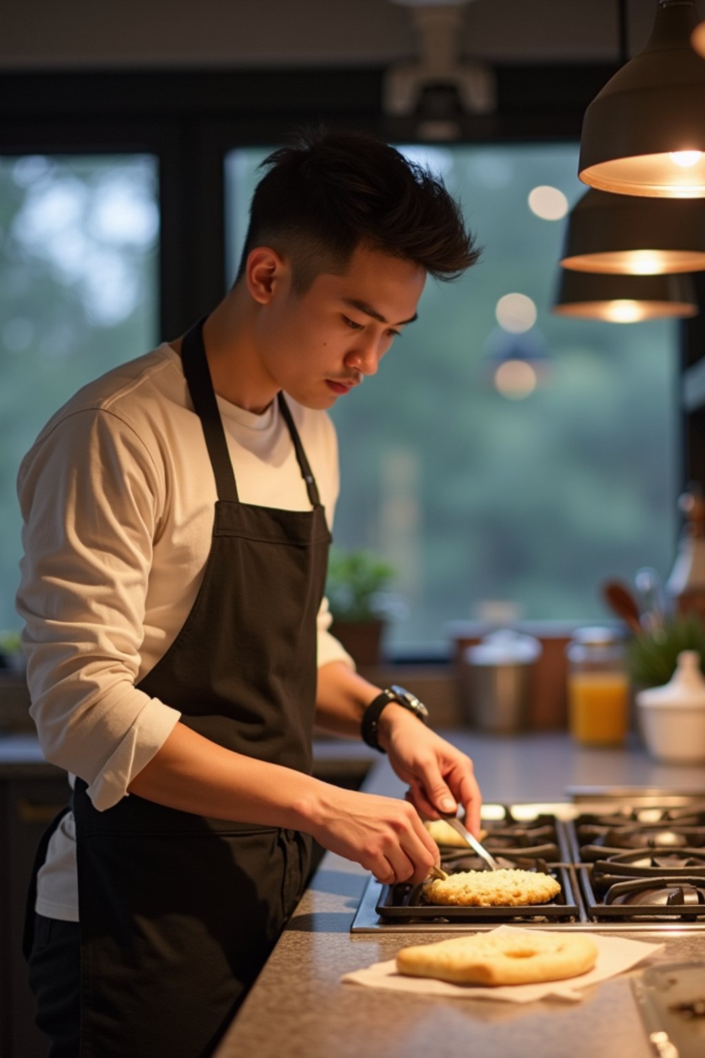 masculine  man cooking or baking in a modern kitchen