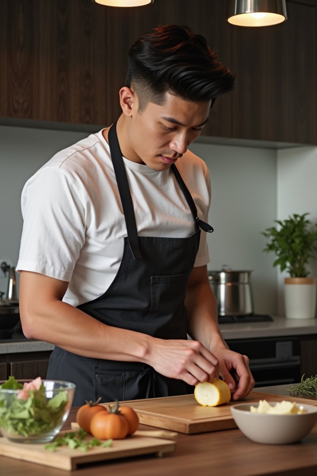 masculine  man cooking or baking in a modern kitchen