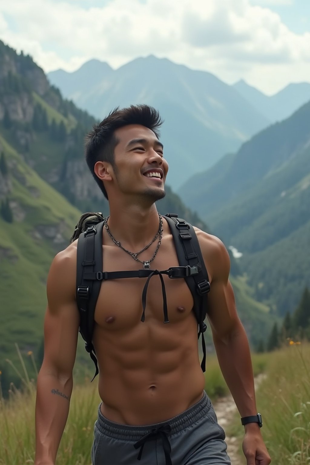 masculine  man in going hiking outdoors in mountains