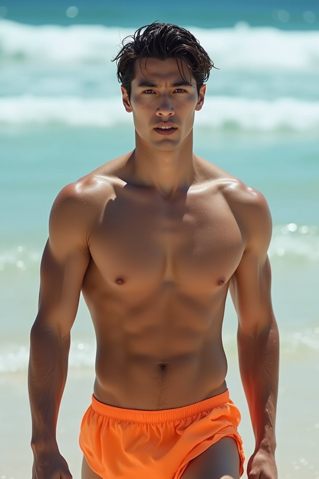 masculine  man in solid color  swim shorts on the beach, wet hair, swimsuit sports illustrated FHM maxim photos