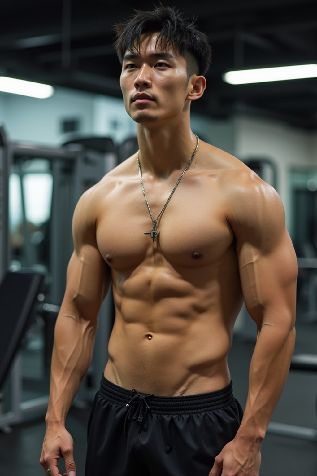 masculine  man wearing  or shorts and sports top in the fitness gym