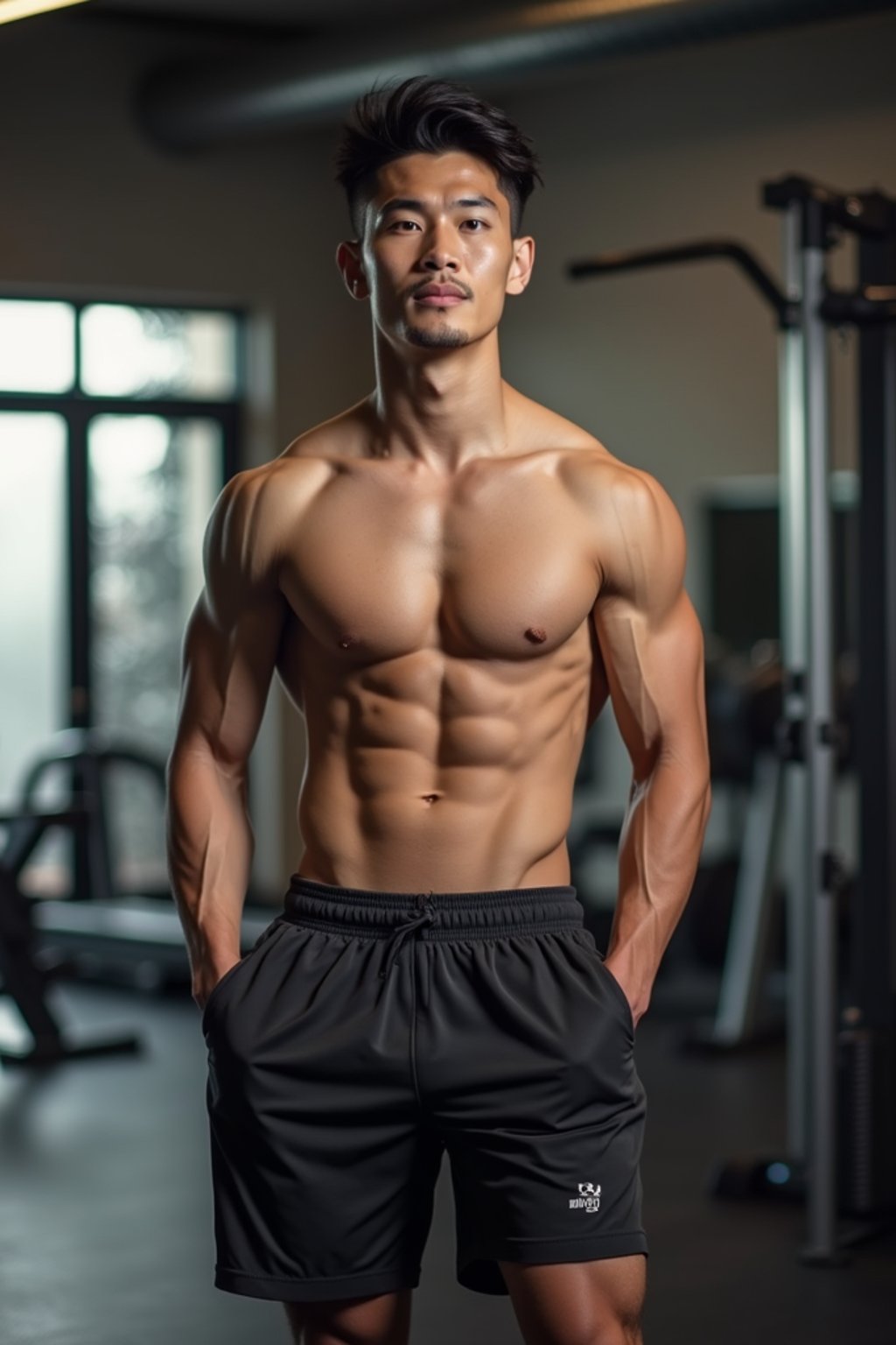 masculine  man wearing  or shorts and sports top in the fitness gym