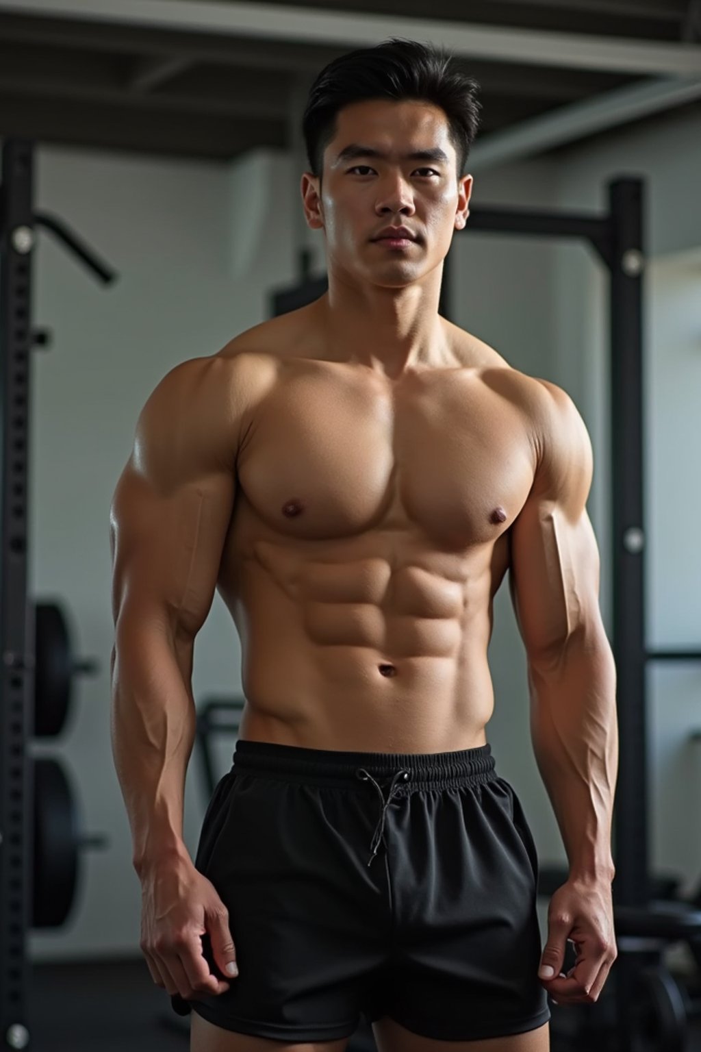 masculine  man wearing  or shorts and sports top in the fitness gym