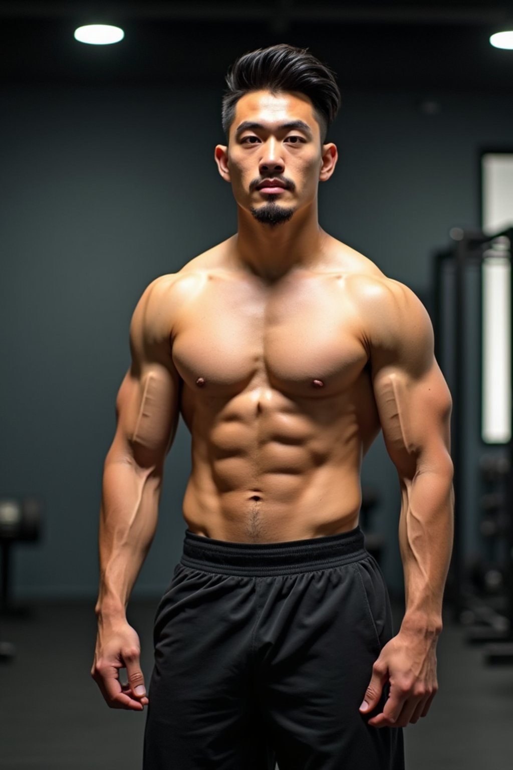 masculine  man wearing  or shorts and sports top in the fitness gym