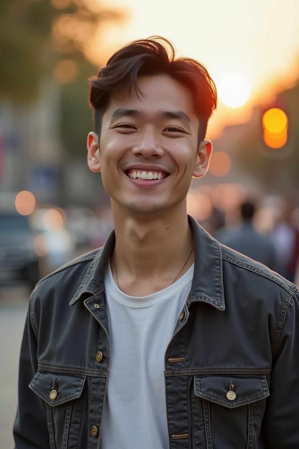 headshot of smiling man wearing casual clothes posing for dating app headshot. outdoor blurry background. the lighting is warm, possibly from a setting sun, creating a soft glow around him, enhancing the casual and relaxed vibe of the image. the setting seems to be outdoors, likely in an urban environment, with the blurred background hinting at a street or park-like area. this image likely portrays a youthful, active, and approachable individual, possibly in a lifestyle or fashion-related context.