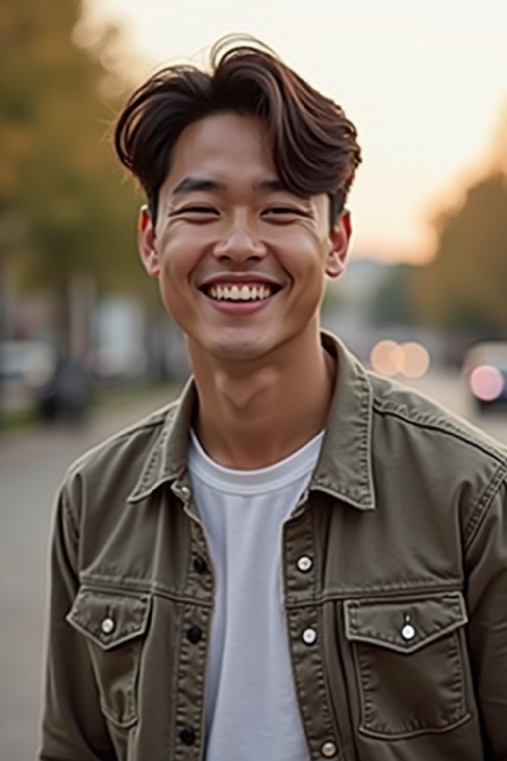 headshot of smiling man wearing casual clothes posing for dating app headshot. outdoor blurry background. the lighting is warm, possibly from a setting sun, creating a soft glow around him, enhancing the casual and relaxed vibe of the image. the setting seems to be outdoors, likely in an urban environment, with the blurred background hinting at a street or park-like area. this image likely portrays a youthful, active, and approachable individual, possibly in a lifestyle or fashion-related context.