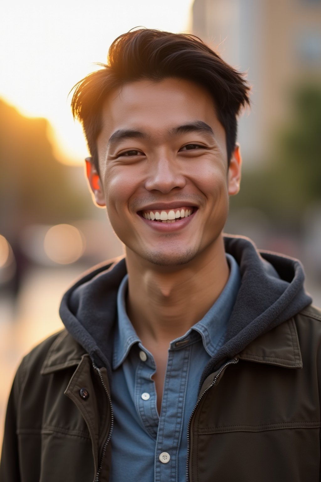 headshot of smiling man wearing casual clothes posing for dating app headshot. outdoor blurry background. the lighting is warm, possibly from a setting sun, creating a soft glow around him, enhancing the casual and relaxed vibe of the image. the setting seems to be outdoors, likely in an urban environment, with the blurred background hinting at a street or park-like area. this image likely portrays a youthful, active, and approachable individual, possibly in a lifestyle or fashion-related context.