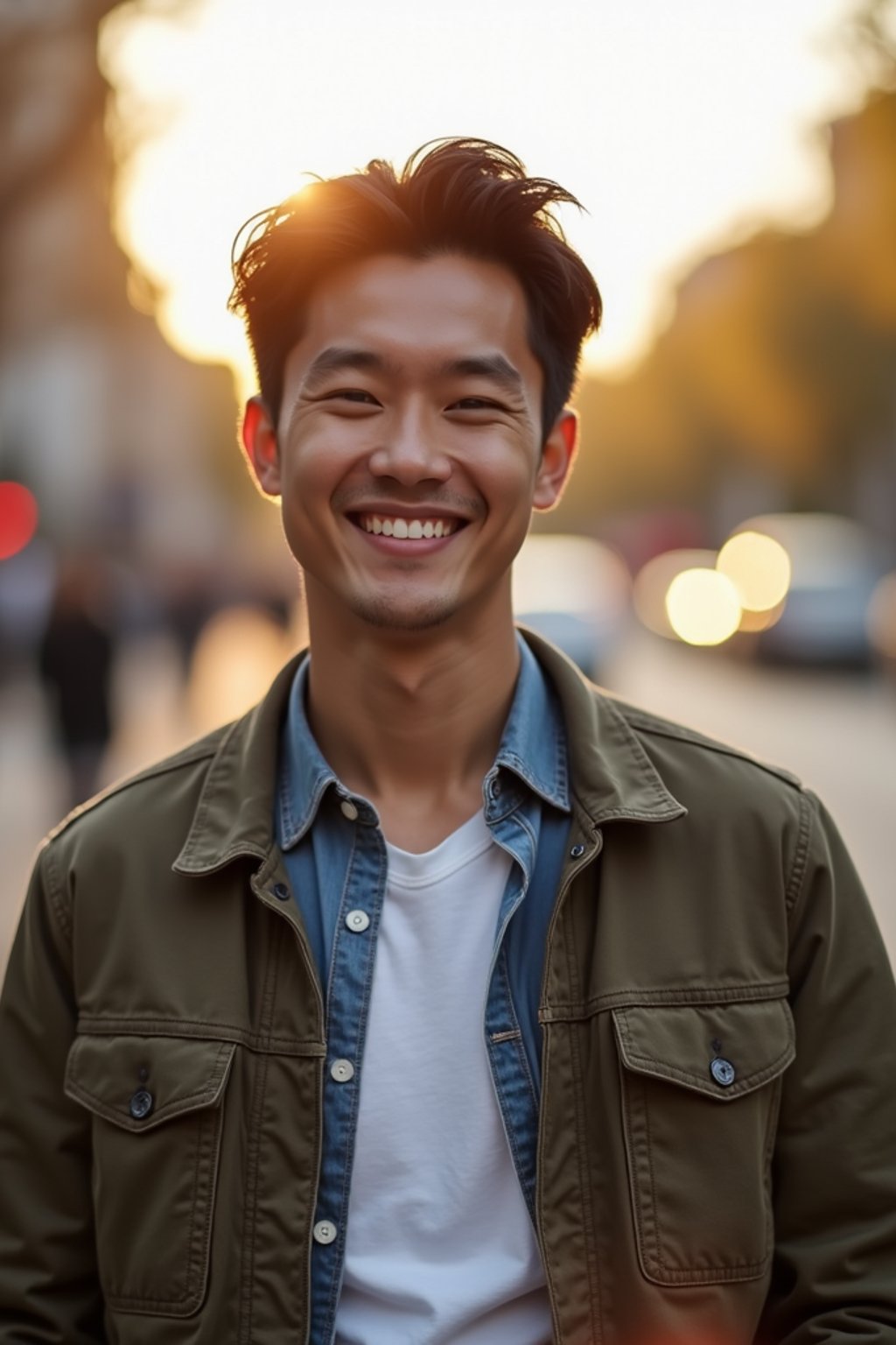 headshot of smiling man wearing casual clothes posing for dating app headshot. outdoor blurry background. the lighting is warm, possibly from a setting sun, creating a soft glow around him, enhancing the casual and relaxed vibe of the image. the setting seems to be outdoors, likely in an urban environment, with the blurred background hinting at a street or park-like area. this image likely portrays a youthful, active, and approachable individual, possibly in a lifestyle or fashion-related context.