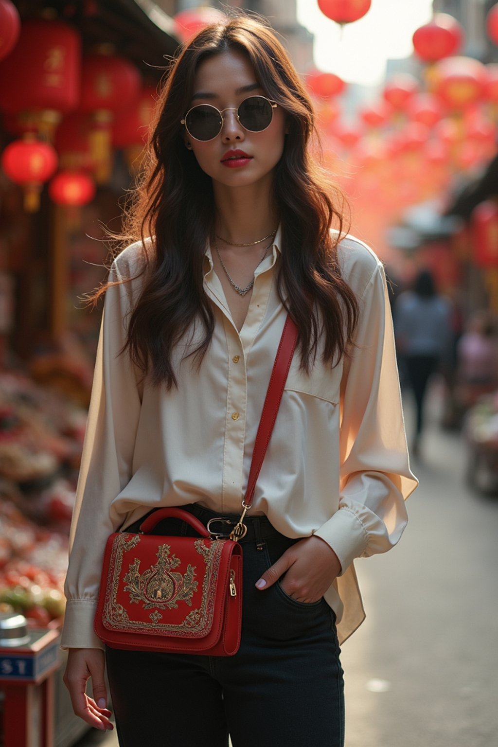 a stylish  feminine woman exploring a street market