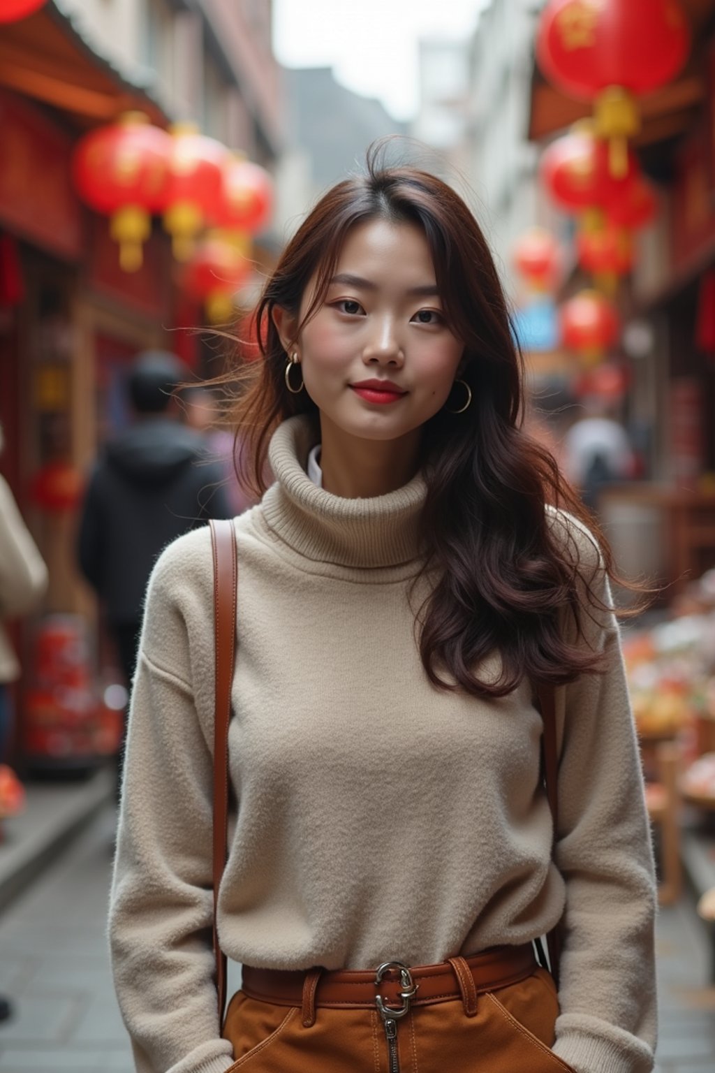 a stylish  feminine woman exploring a street market