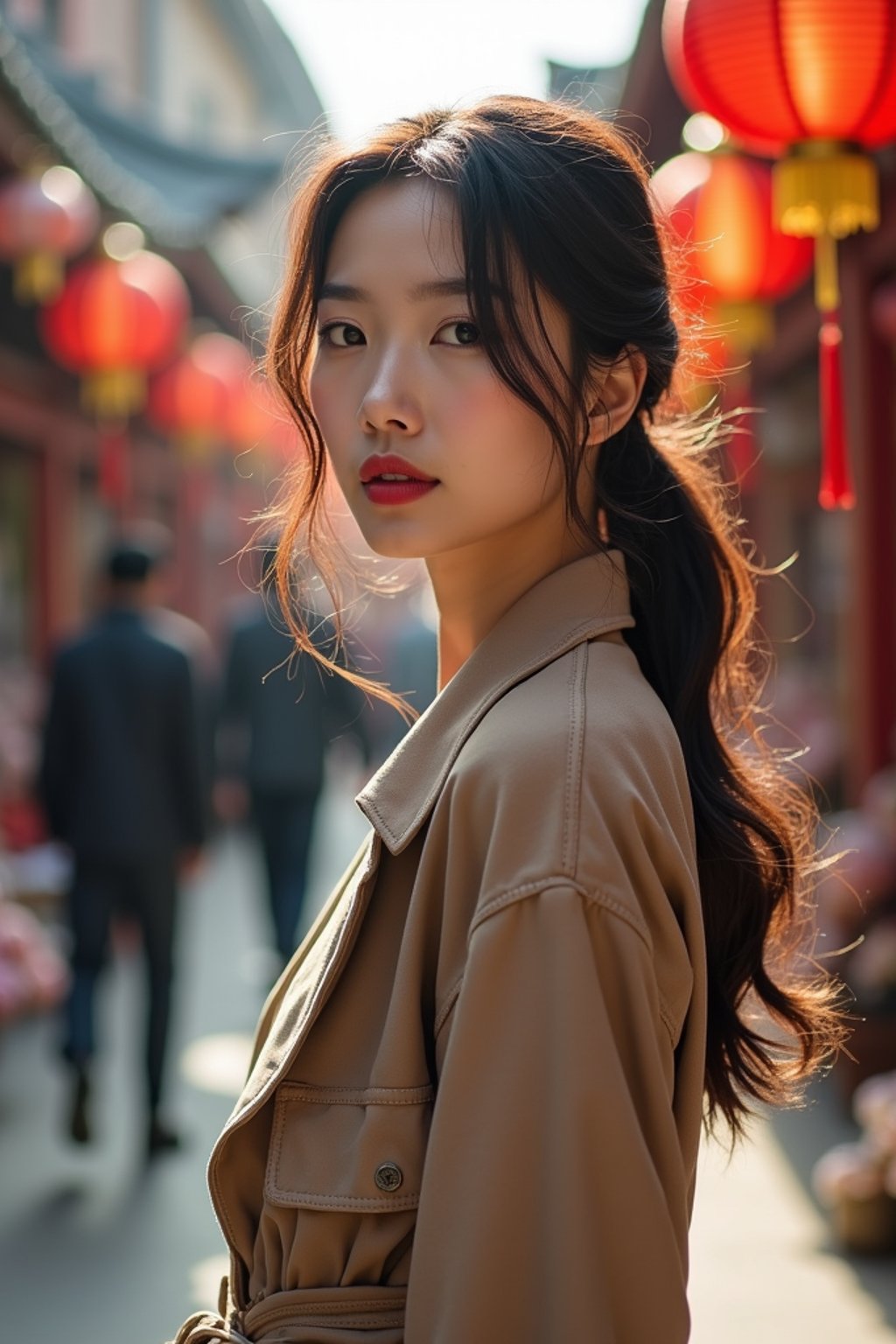 a stylish  feminine woman exploring a street market