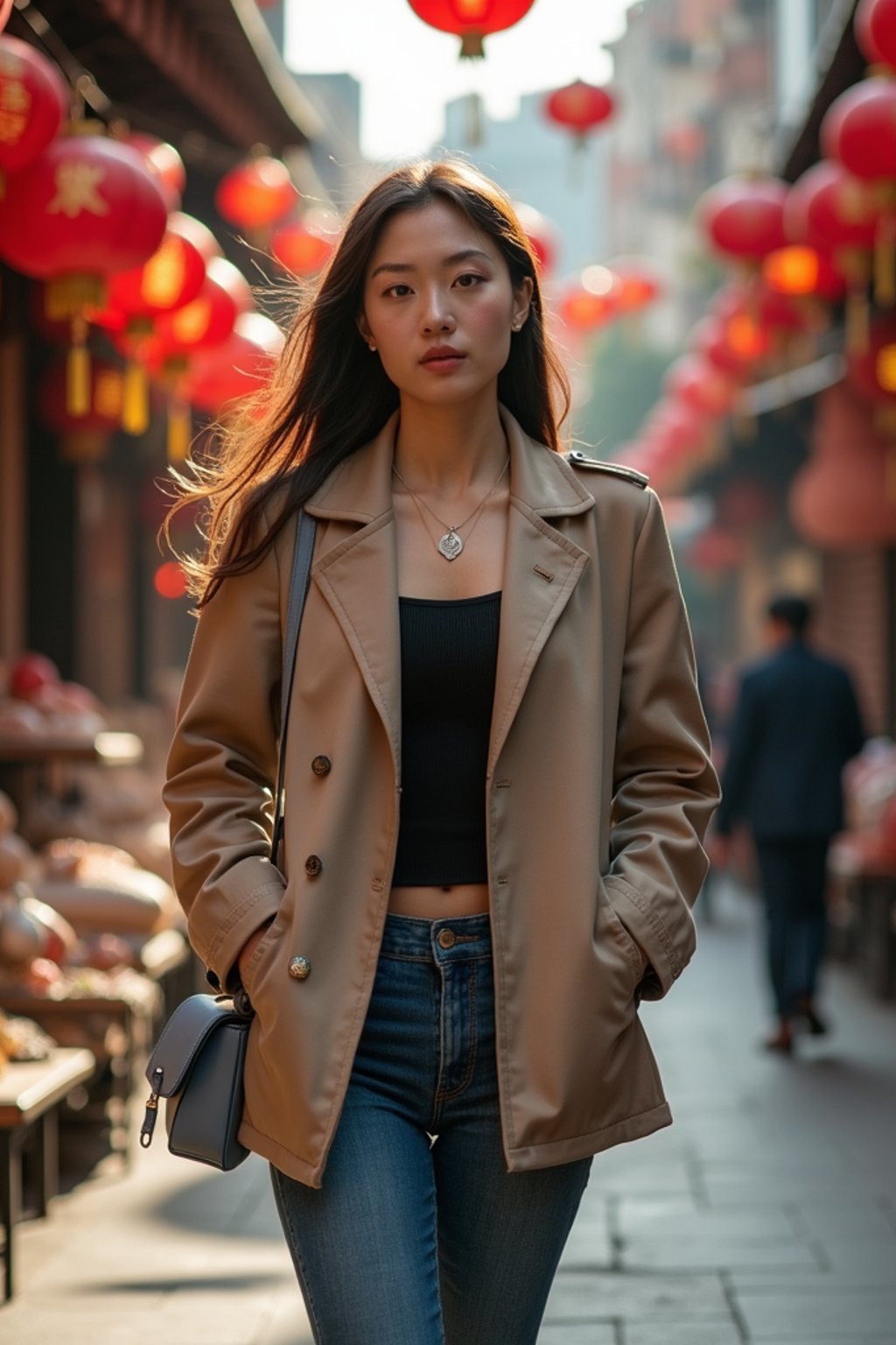 a stylish  feminine woman exploring a street market