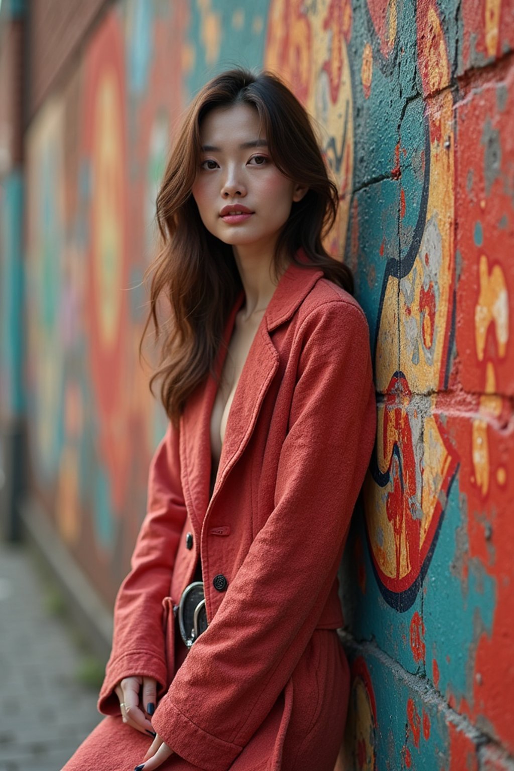 a fashionable  feminine woman posing in front of street art