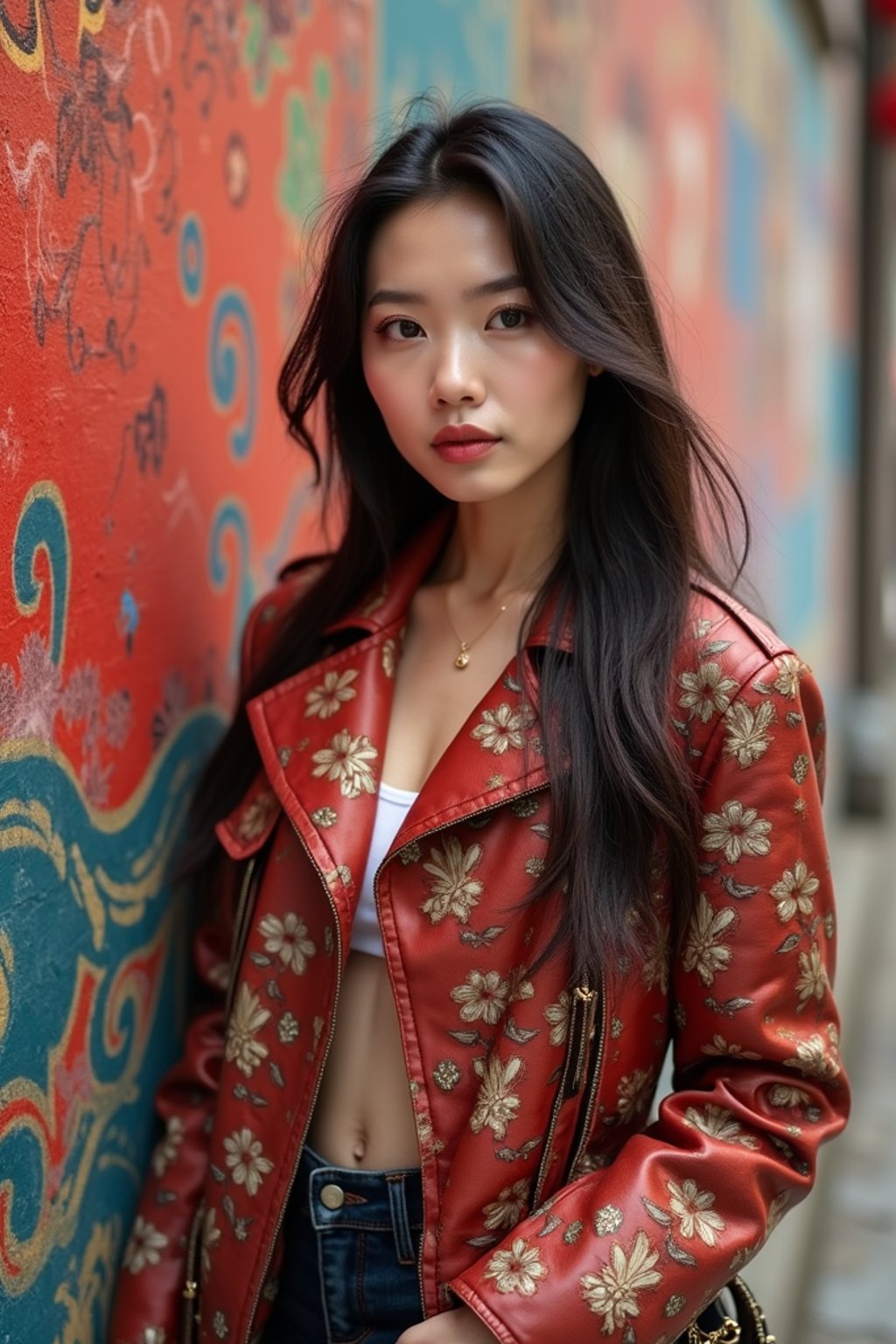 a fashionable  feminine woman posing in front of street art