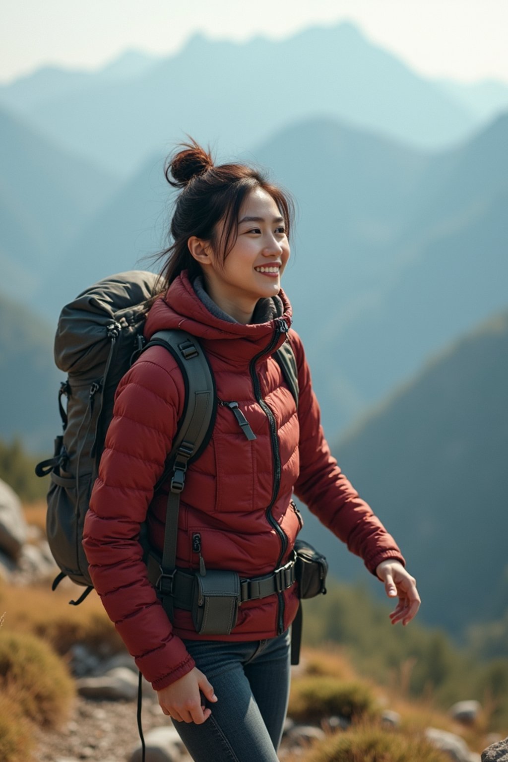 an adventurous  feminine woman hiking in the mountains