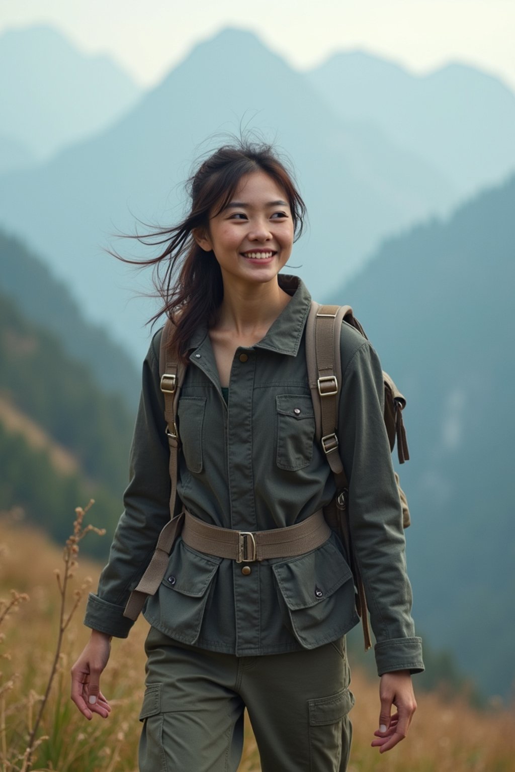 an adventurous  feminine woman hiking in the mountains