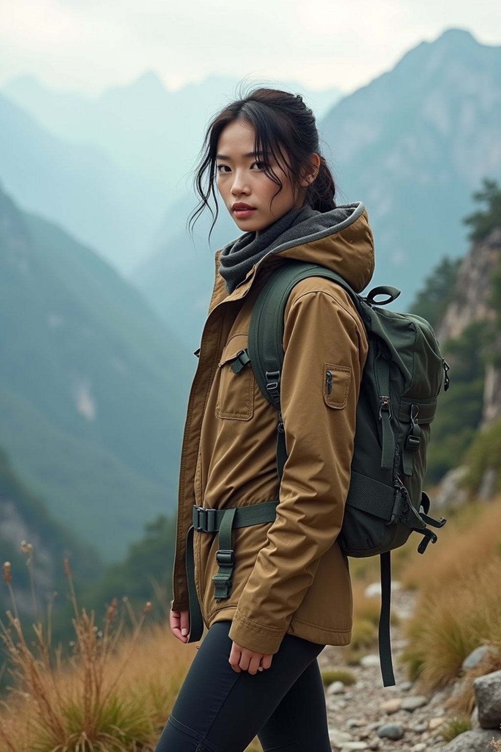 an adventurous  feminine woman hiking in the mountains