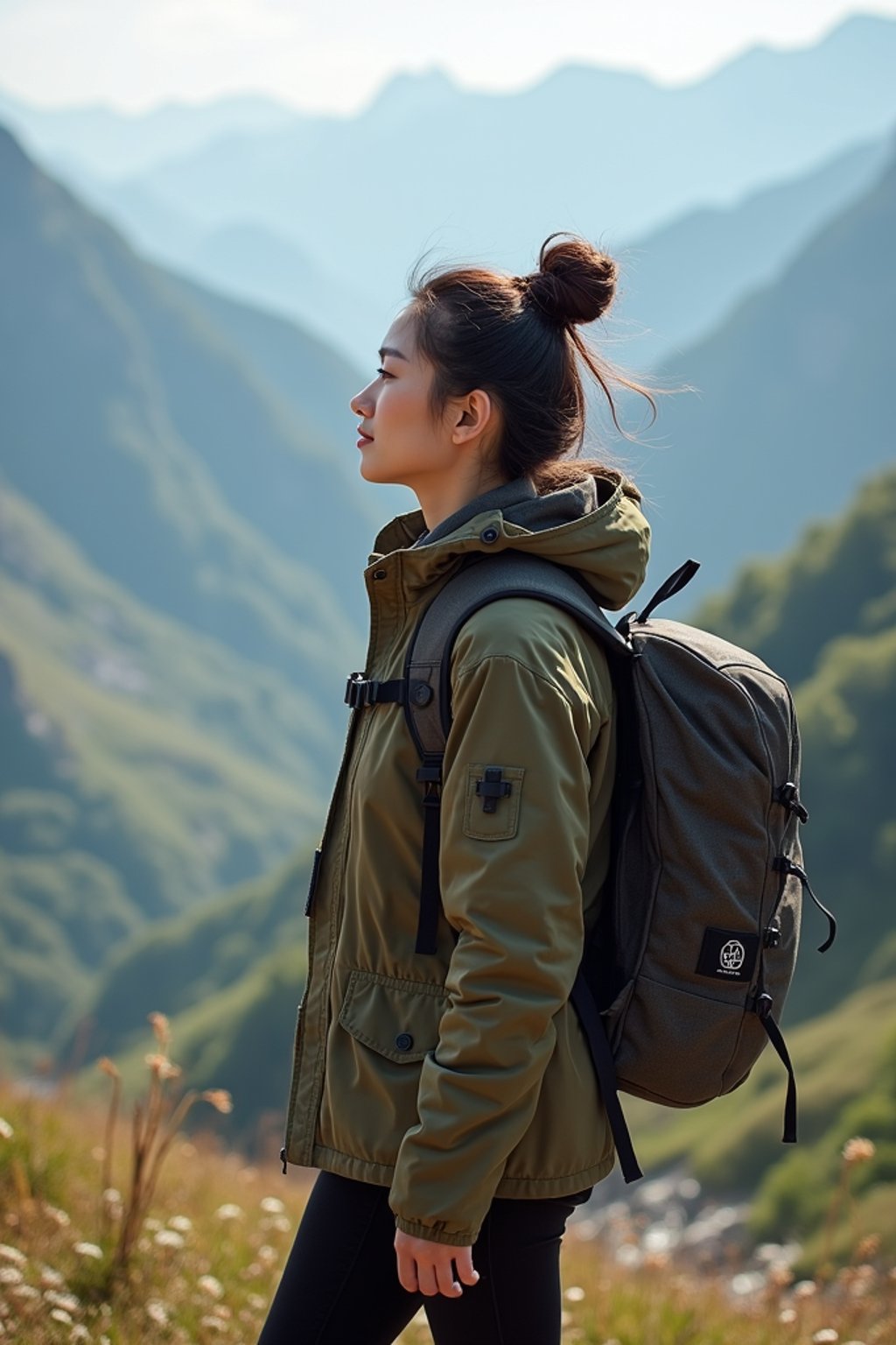 an adventurous  feminine woman hiking in the mountains