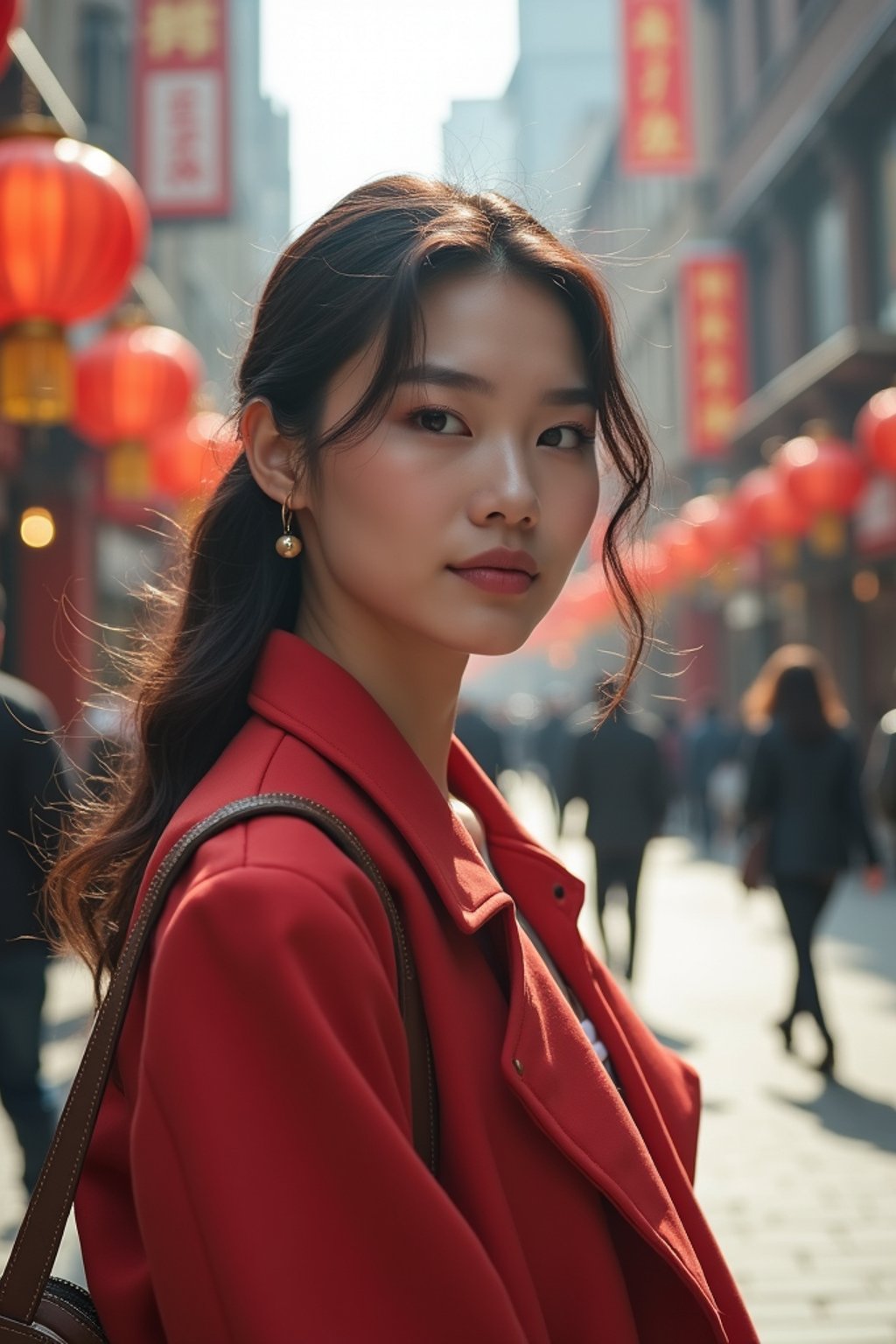 a confident  feminine woman exploring a bustling city street