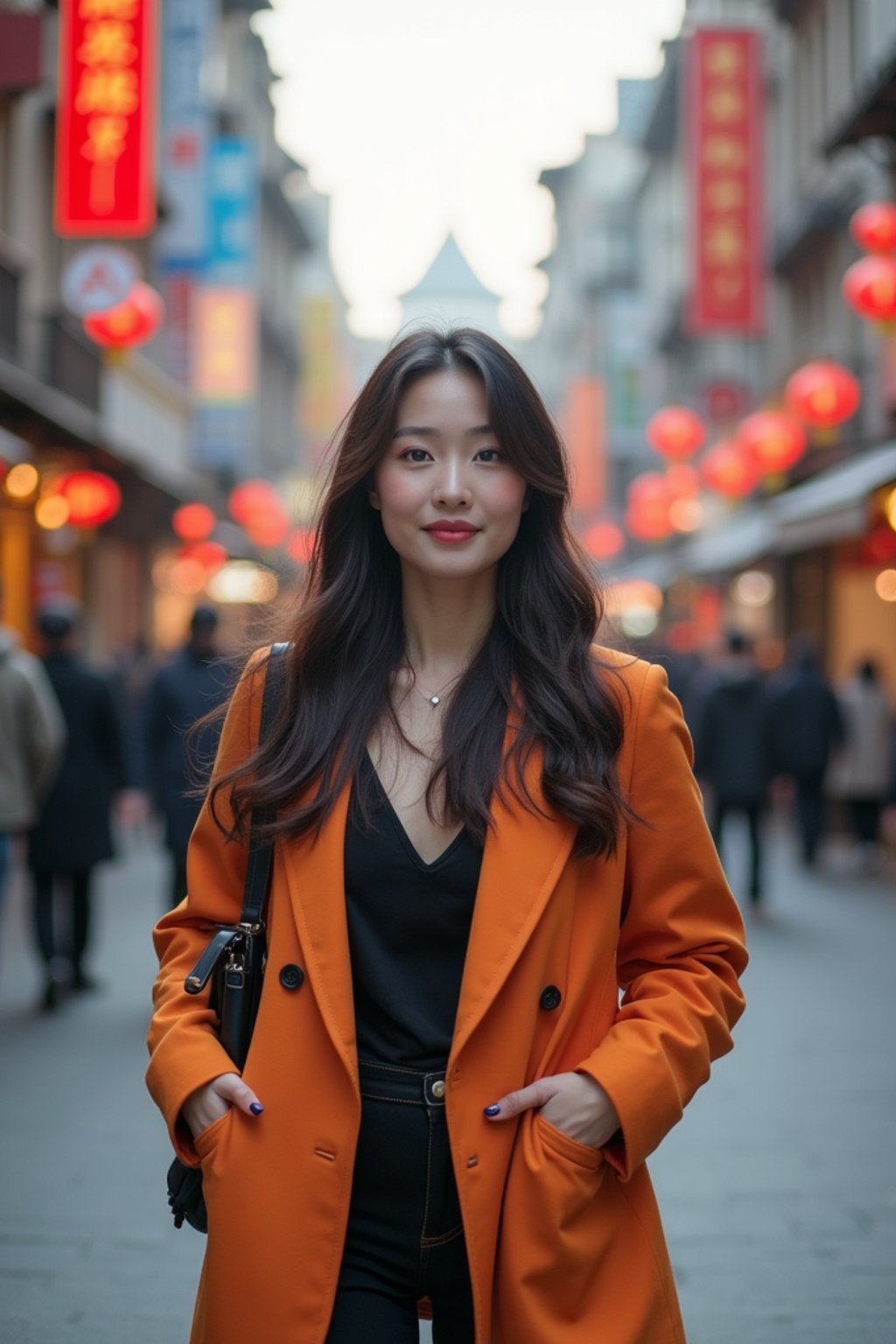 a confident  feminine woman exploring a bustling city street