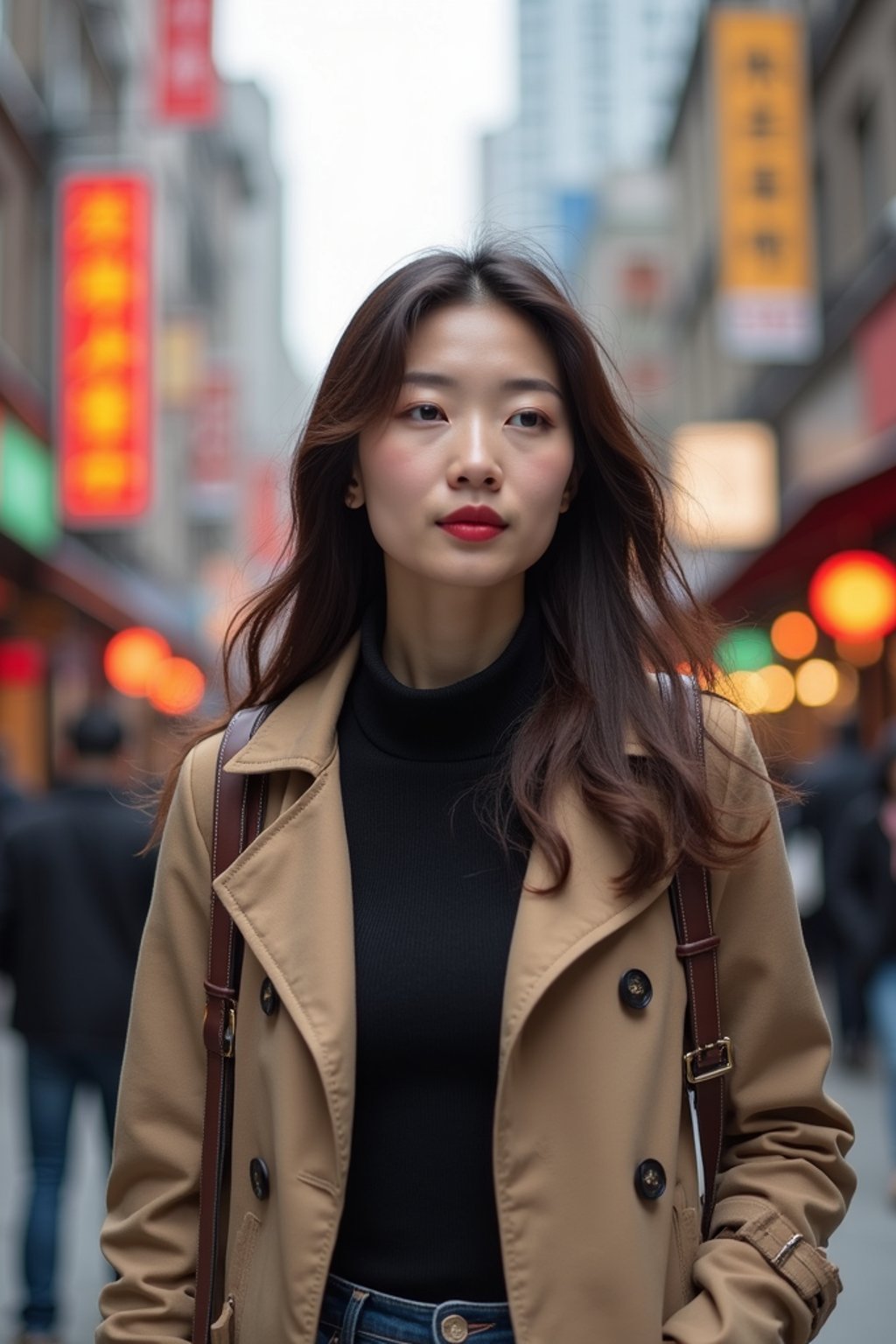 a confident  feminine woman exploring a bustling city street