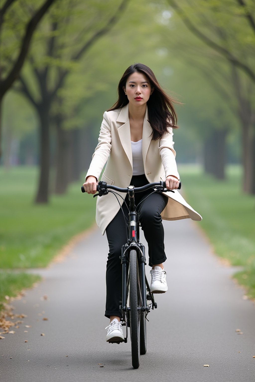 a stylish  feminine woman enjoying a leisurely bike ride along a scenic path