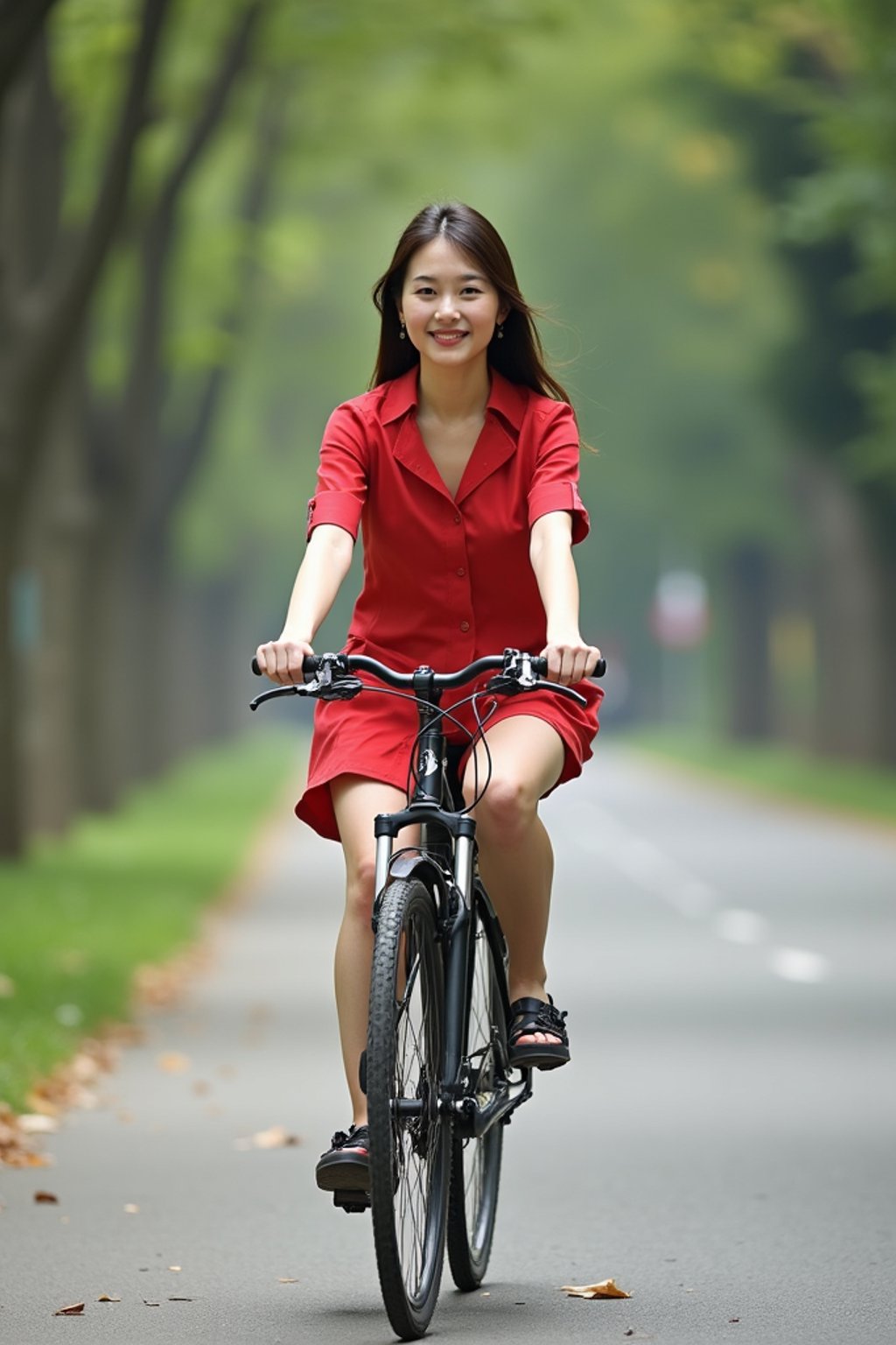 a stylish  feminine woman enjoying a leisurely bike ride along a scenic path