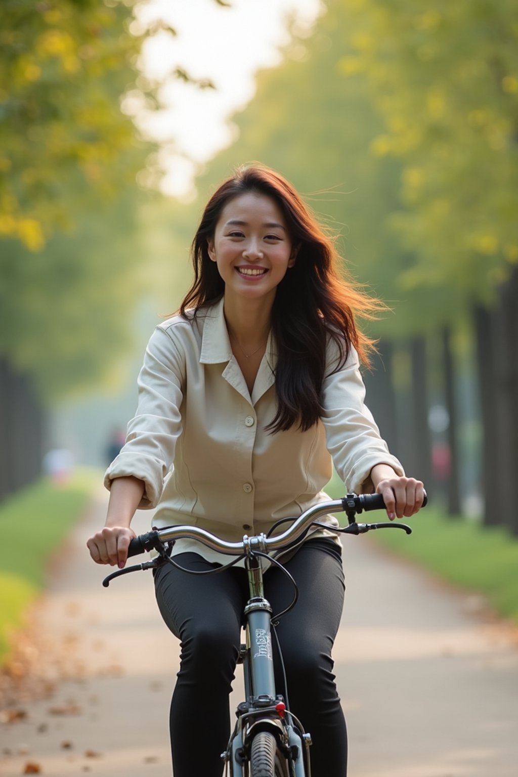 a stylish  feminine woman enjoying a leisurely bike ride along a scenic path