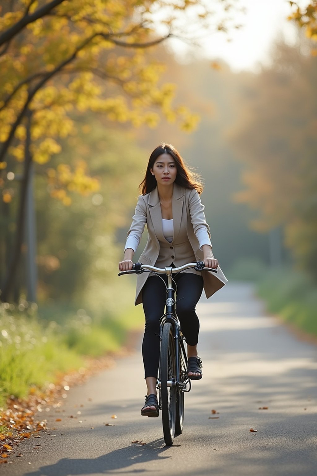 a stylish  feminine woman enjoying a leisurely bike ride along a scenic path