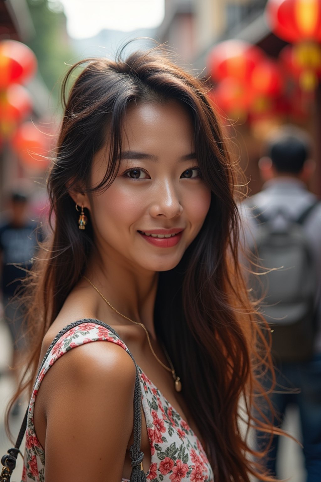 a charismatic  feminine woman exploring a street market