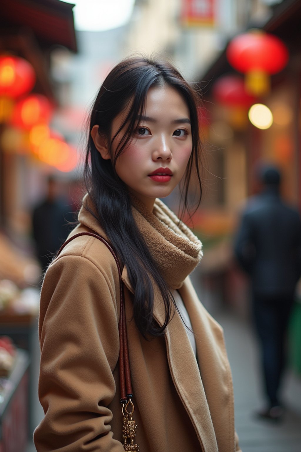 a charismatic  feminine woman exploring a street market