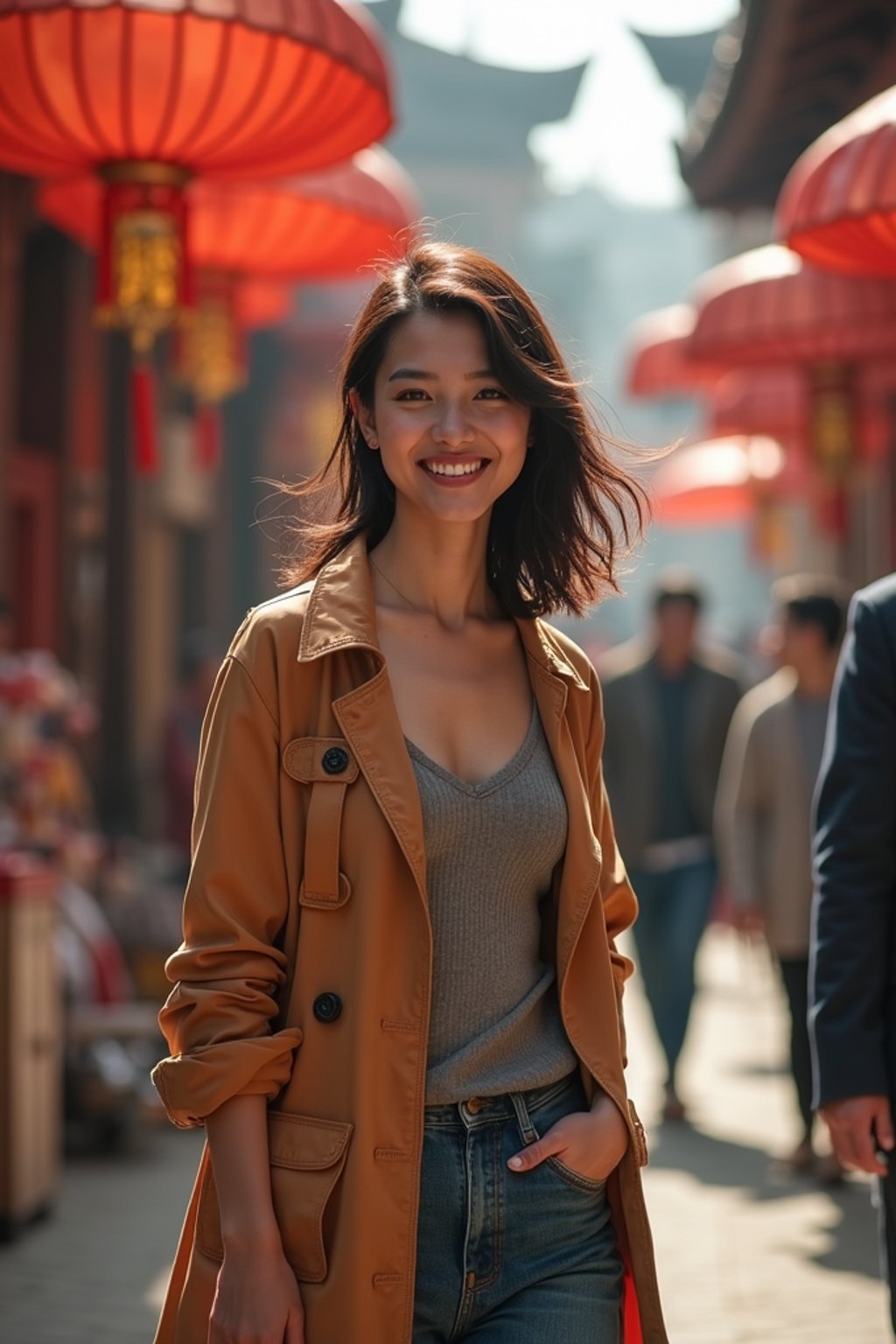 a charismatic  feminine woman exploring a street market