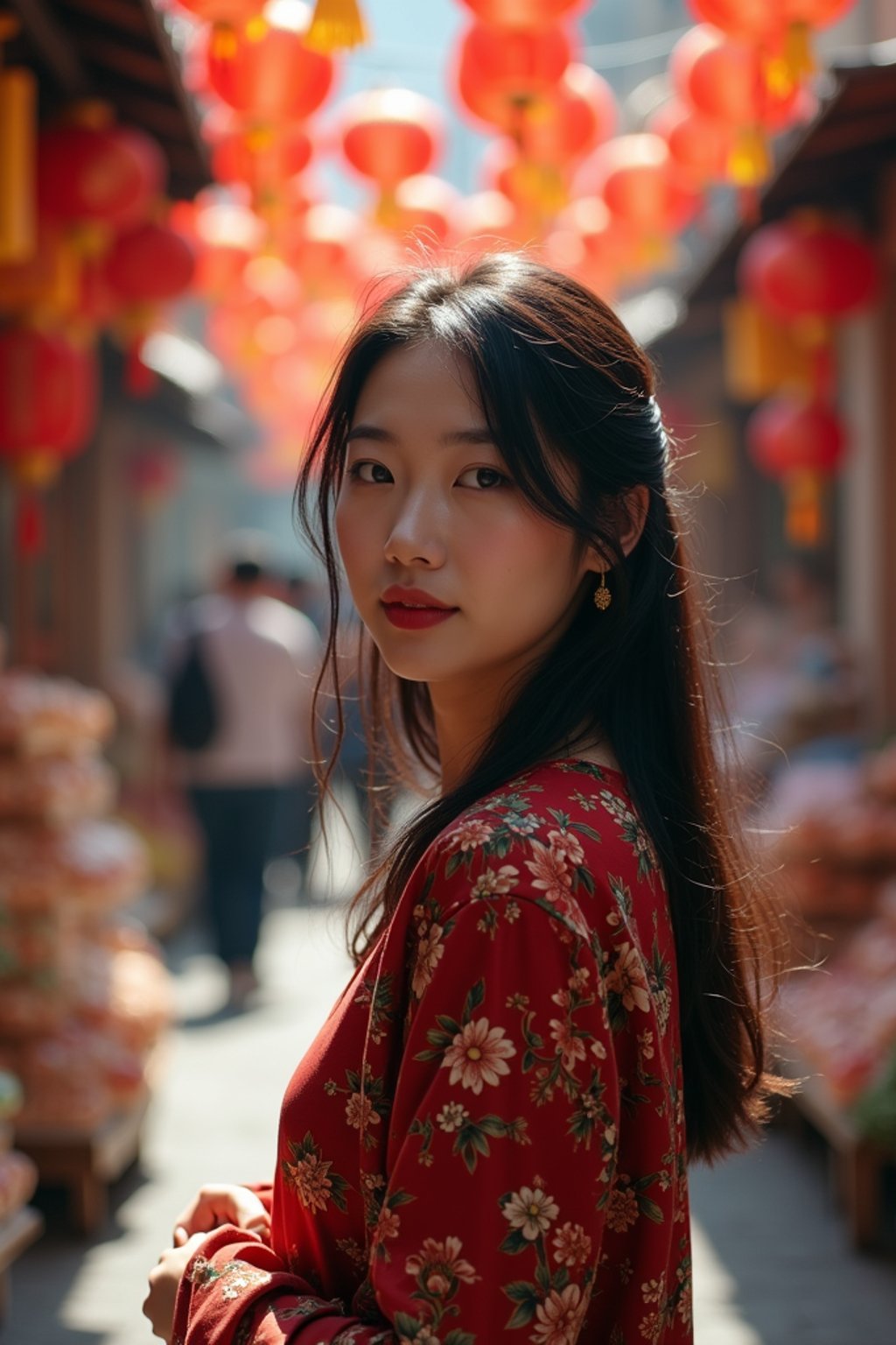 a charismatic  feminine woman exploring a street market