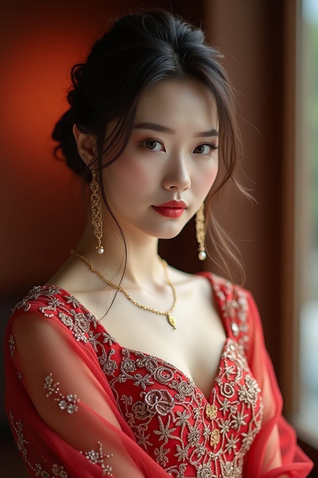 an alluring  feminine woman dressed in elegant evening wear