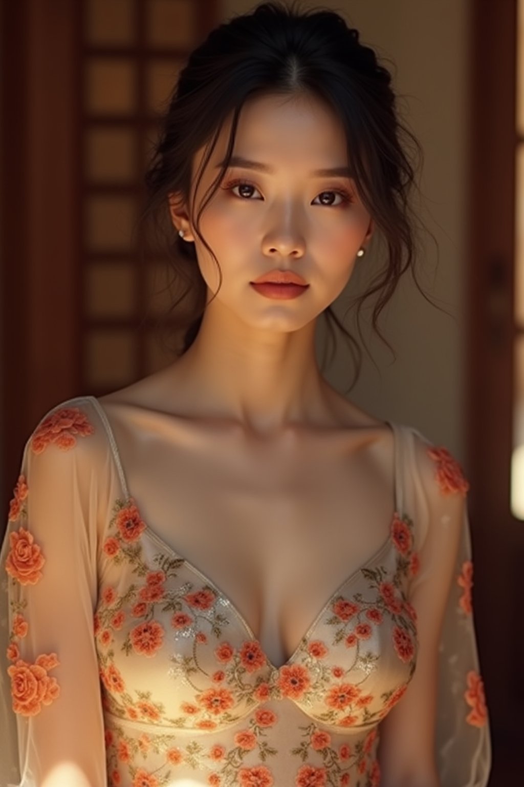 an alluring  feminine woman dressed in elegant evening wear