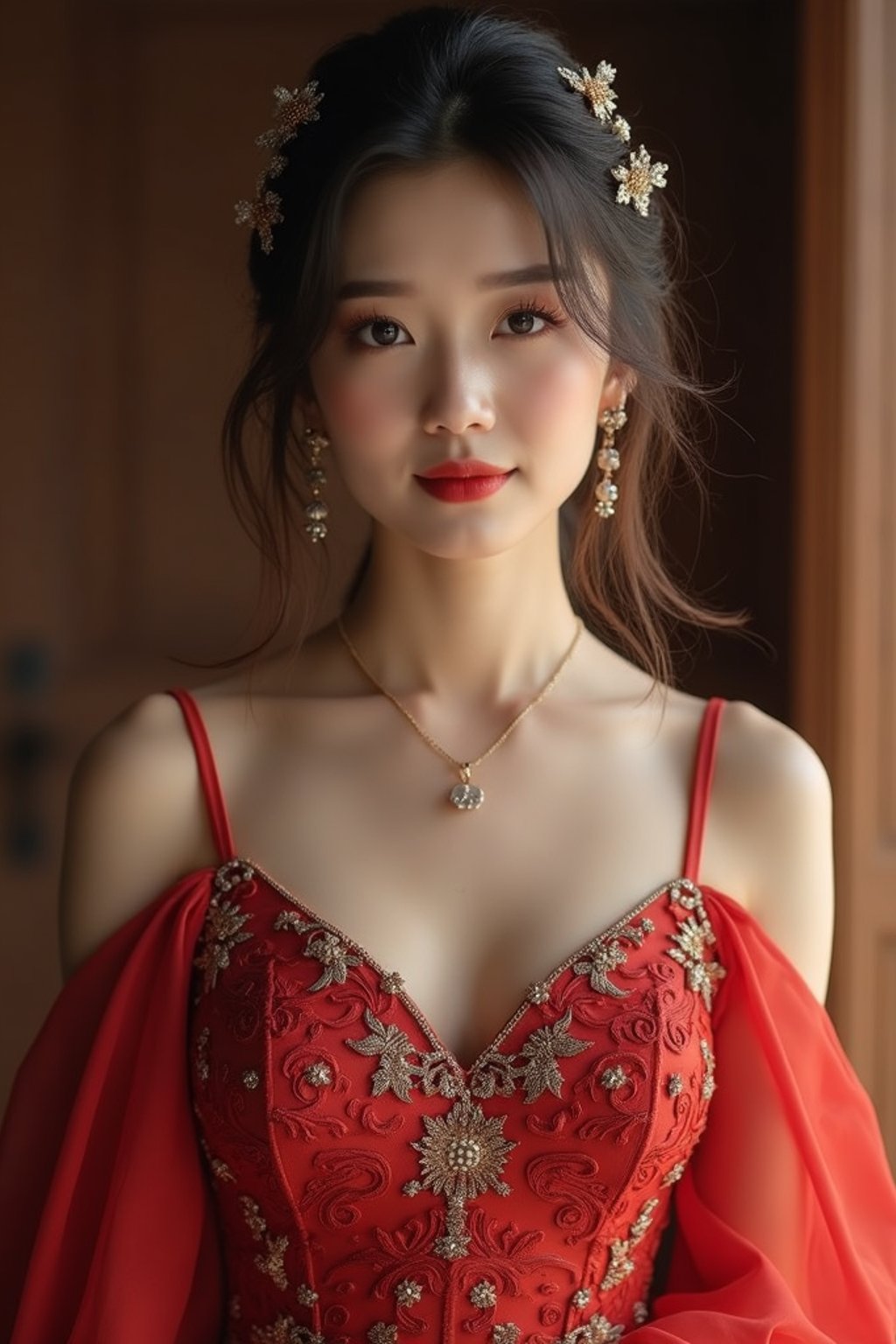 an alluring  feminine woman dressed in elegant evening wear